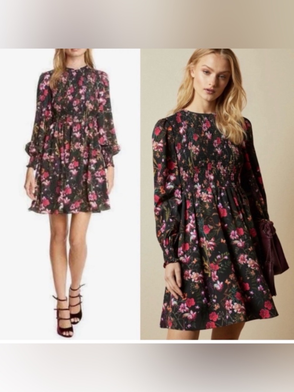 Ted Baker Black Aerrin Fern Forest Smocked Floral Mini Dress 4 large